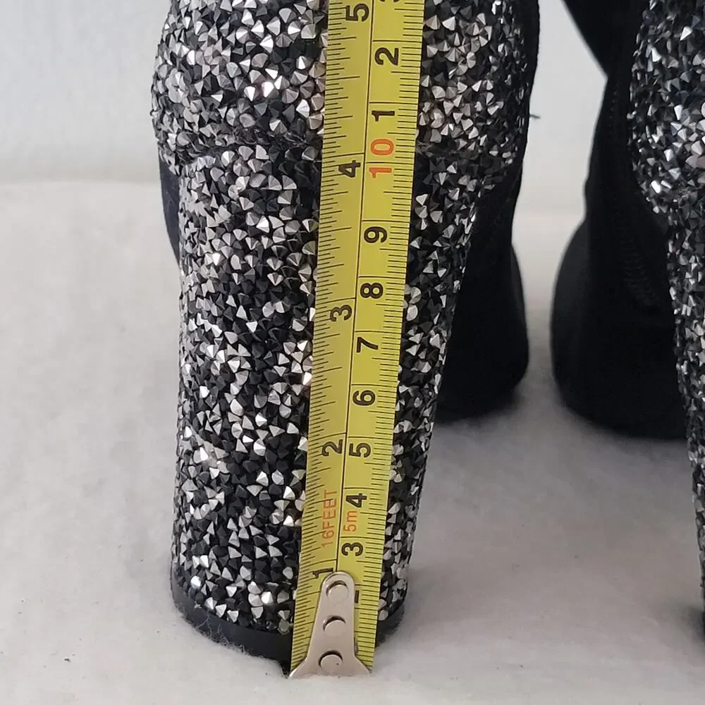 Over the Knee Boot Zip Glittery Block Heel Velvet‎ Sz 7 Whimsygoth Party Concert